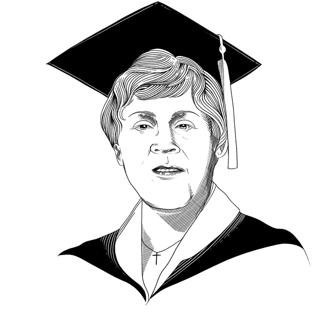 black and white illustrated portrait of a black woman with a short haircut and wearing a graduation cap and gown