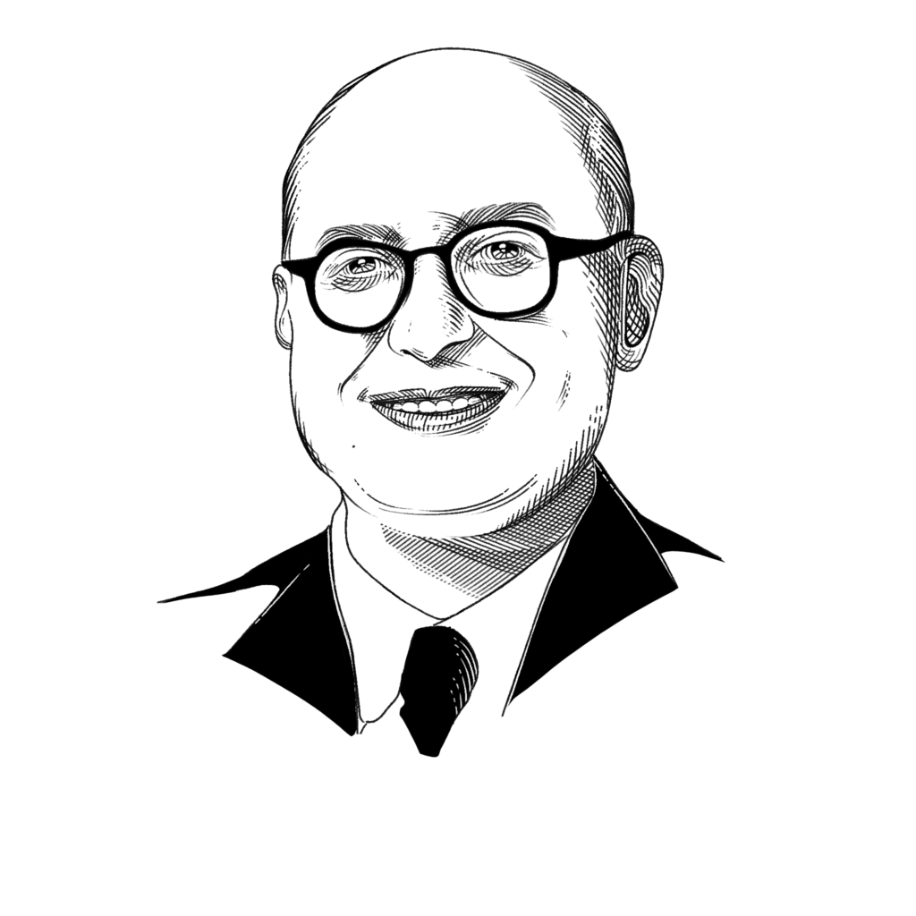 Black and white portrait illustration of a smiling middle aged white man wearing a suit and tie and eyeglasses