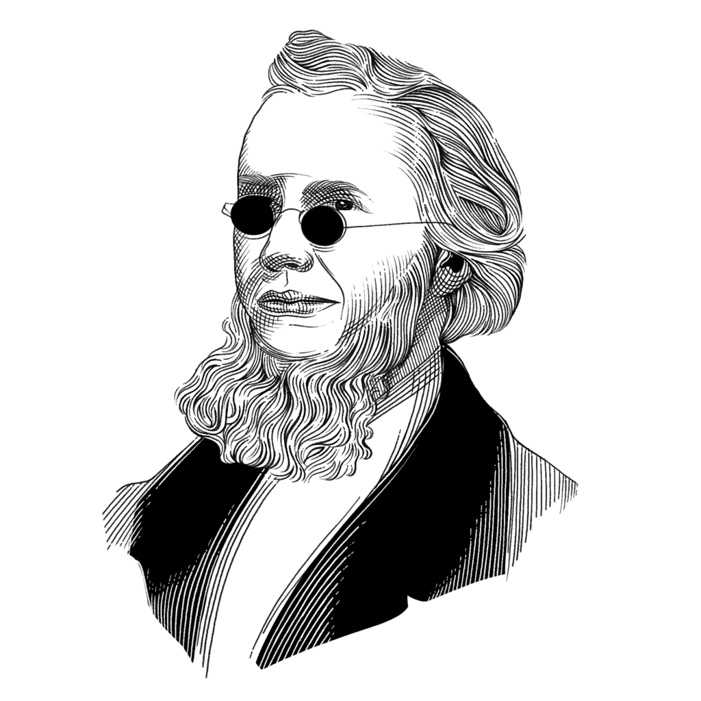 Black and white portrait illustration of an older white man with a substantial beard. He is wearing dark sunglasses.