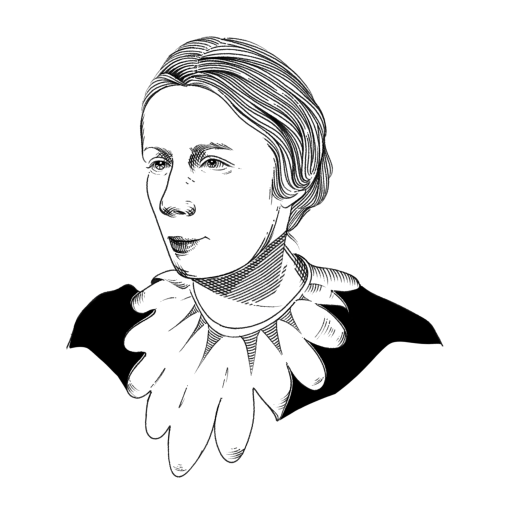 black and white portrait illustration of a middle aged white woman with a short haircut and wearing a dress with an elaborate frock around her neckline