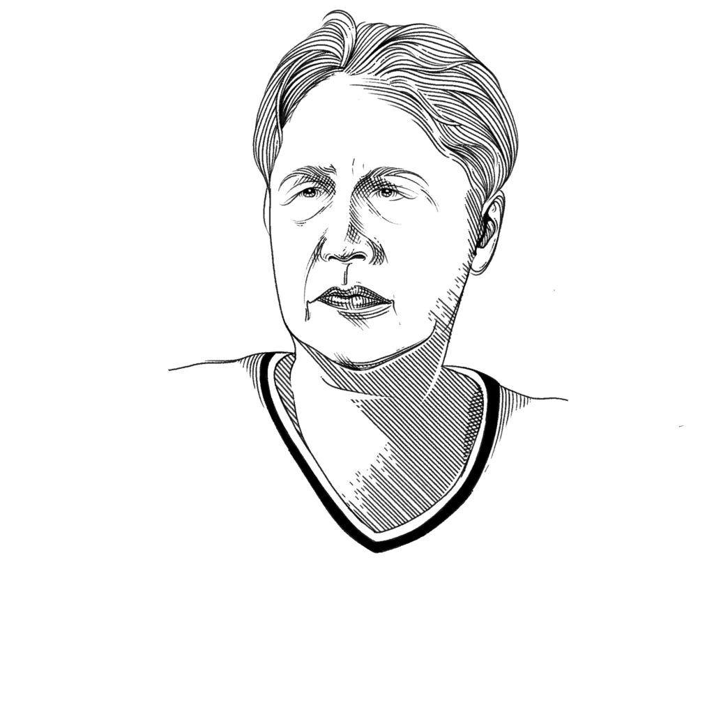 Black and white illustrated portrait of a middle aged Asian woman with a short haircut and a simple V-neck shirt.