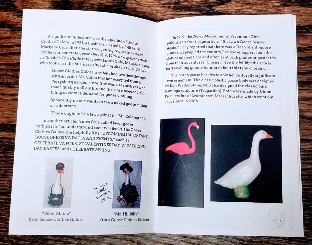 two-page spread from the Porch Goose zine, featuring images of geese dressed up like a hillbilly and a biker, as well as an image of a traditional plastic lawn flamingo